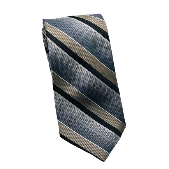 JHANE BARNES MENS TIE GRAY WITH TAN AND BLACK STRIPES 3 X 64 - Picture 2 of 9